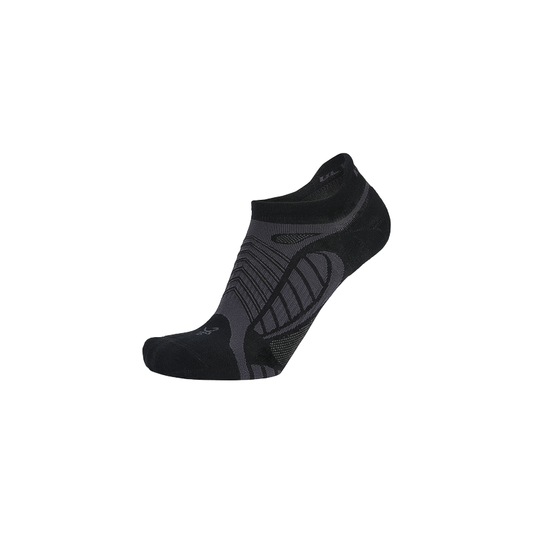 Black Balega ultralight no show socks on a white background, featuring a seamless design.