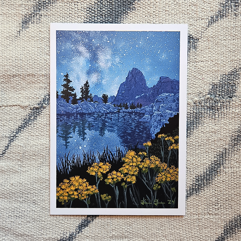 Greeting card featuring a scenic mountain with flowers, inspired by Minaret Lake in the Sierra Nevada.