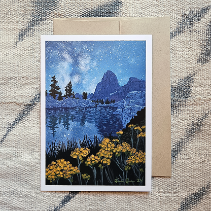 A nature-themed greeting card showcasing Minaret Lake, surrounded by flowers and mountains, perfect for outdoor enthusiasts.