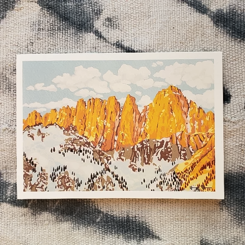 A scenic greeting card of Mount Whitney, celebrating California's highest peak, designed for adventurers and nature lovers alike.