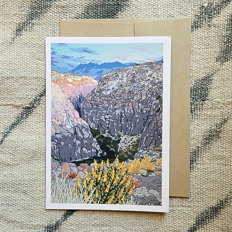 Greeting card showcasing Owens River Gorge with mountains and flowers, celebrating California's natural beauty and adventure.