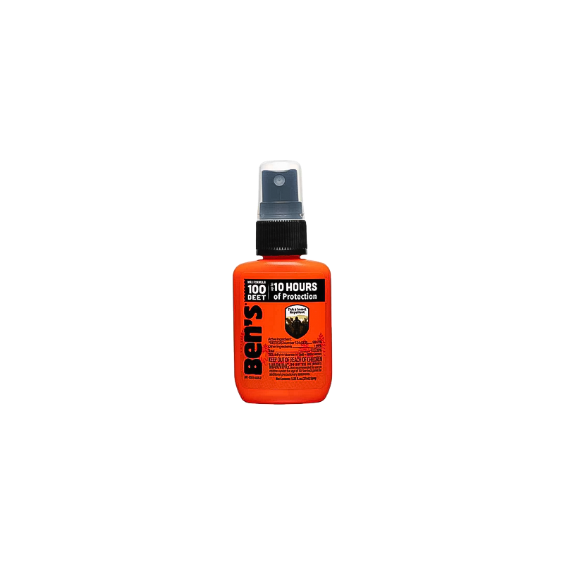 Ben's 1.25 oz bottle of Ben's 100 orange spray insect repellent on a white background, featuring a 100% DEET formula.