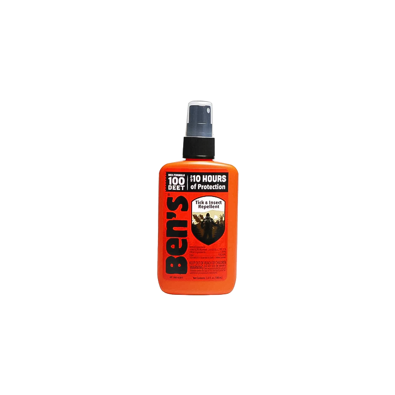 Ben's 3.4 oz 100 DEET orange spray insect repellent bottle on a white background, designed for effective mosquito protection with 100% DEET.