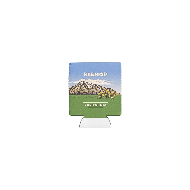 Neoprene can cooler with "Bishop California" design keeps drinks cold and hands dry