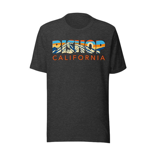 Dark Gray t-shirt with "Bishop California" text, designed for comfort and outdoor wear.