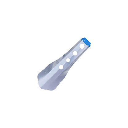 Blue trowel designed for ultralight backpacking and digging in rocky soil.