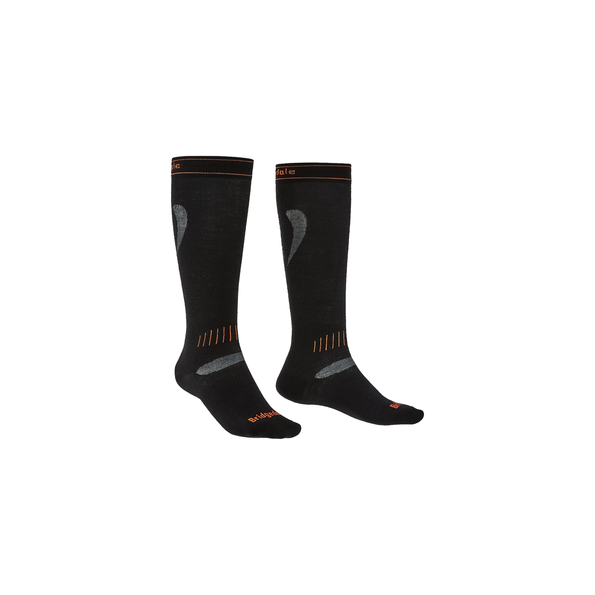 A pair of black over calf socks featuring orange and grey details, designed for performance and comfort in alpine skiing.