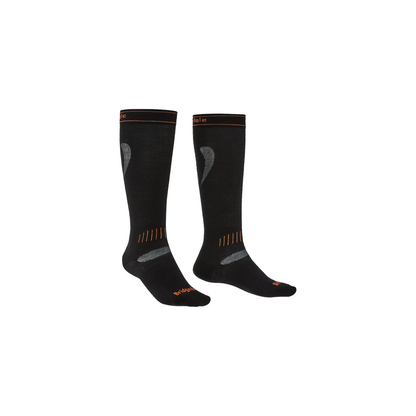 A pair of black over calf socks featuring orange and grey details, designed for performance and comfort in alpine skiing.