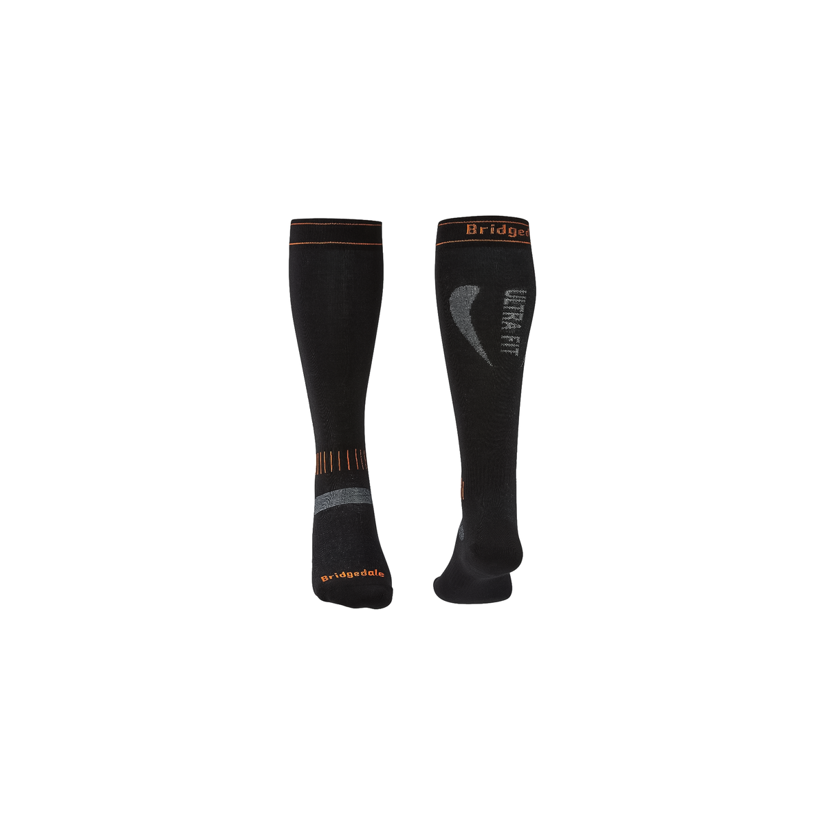 Black ski socks with orange and grey accents, engineered for support and moisture management during skiing activities.