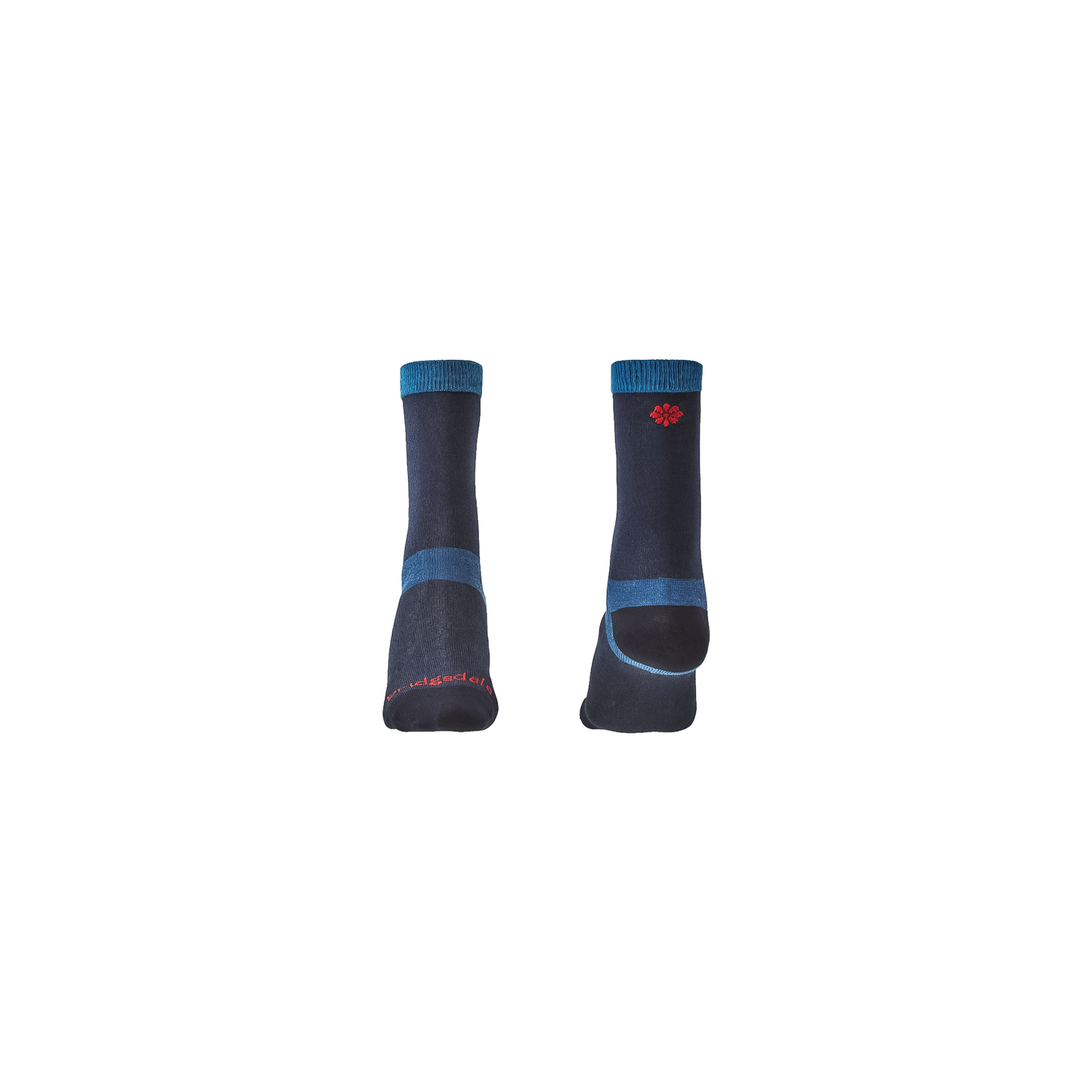 A pair of moisture-wicking women's socks in navy blue ideal for keeping feet dry and comfortable on long hikes.