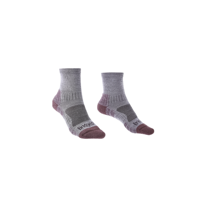 A pair of Bridgedale women's 3/4 crew socks in grey and pink, showcasing lightweight design for hiking and outdoor activities.
