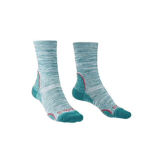Women's teal Bridgedale hiking boot socks for comfort and moisture-wicking in warm weather.