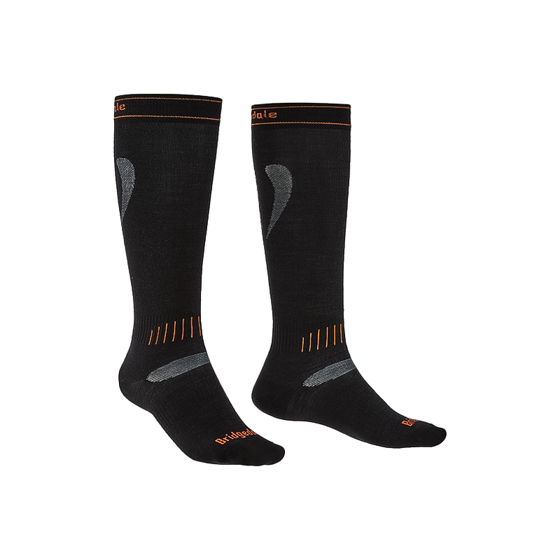 Black and orange women's ski socks designed for performance and comfort in winter sports.