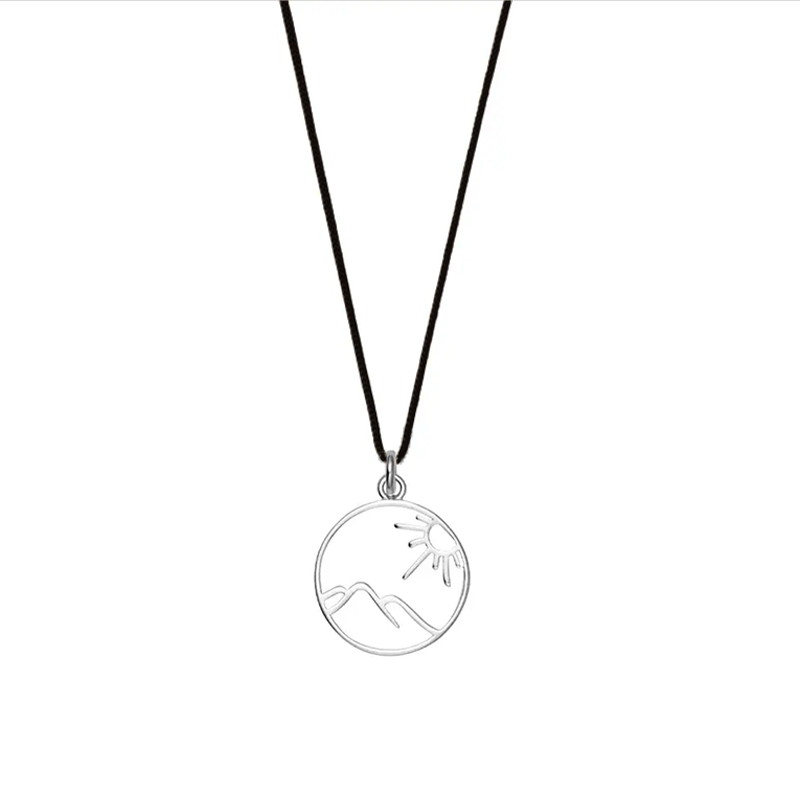 Black lightweight nylon necklace with a sterling silver openwork mountain and tree pendant, ideal for everyday wear.