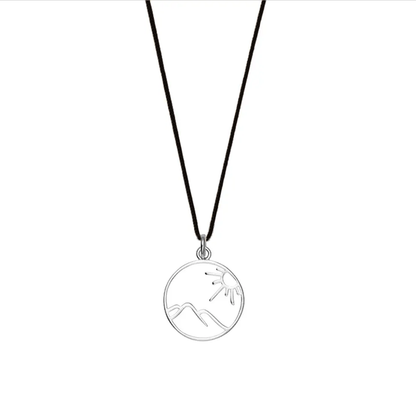 Black lightweight nylon necklace with a sterling silver openwork mountain and tree pendant, ideal for everyday wear.