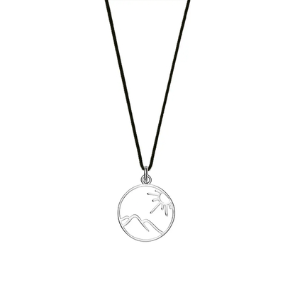 Olive lightweight nylon necklace with a sterling silver openwork mountain and tree pendant, ideal for everyday wear.