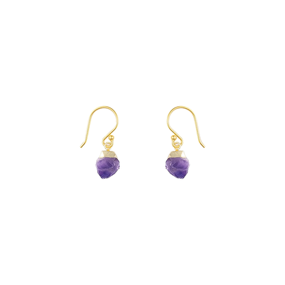 Amethyst dangle earrings with rough-cut gemstones, 22 mm long, 18k gold-plated ear wire, unique artisan design from Bronwen Jewelry.
