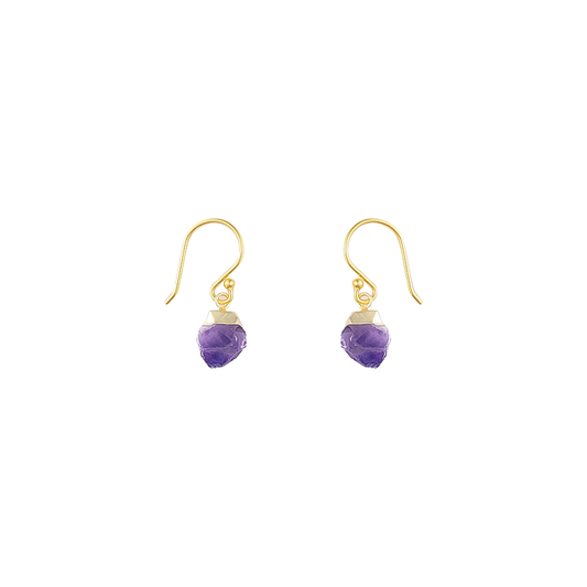 Amethyst dangle earrings with rough-cut gemstones, 22 mm long, 18k gold-plated ear wire, unique artisan design from Bronwen Jewelry.