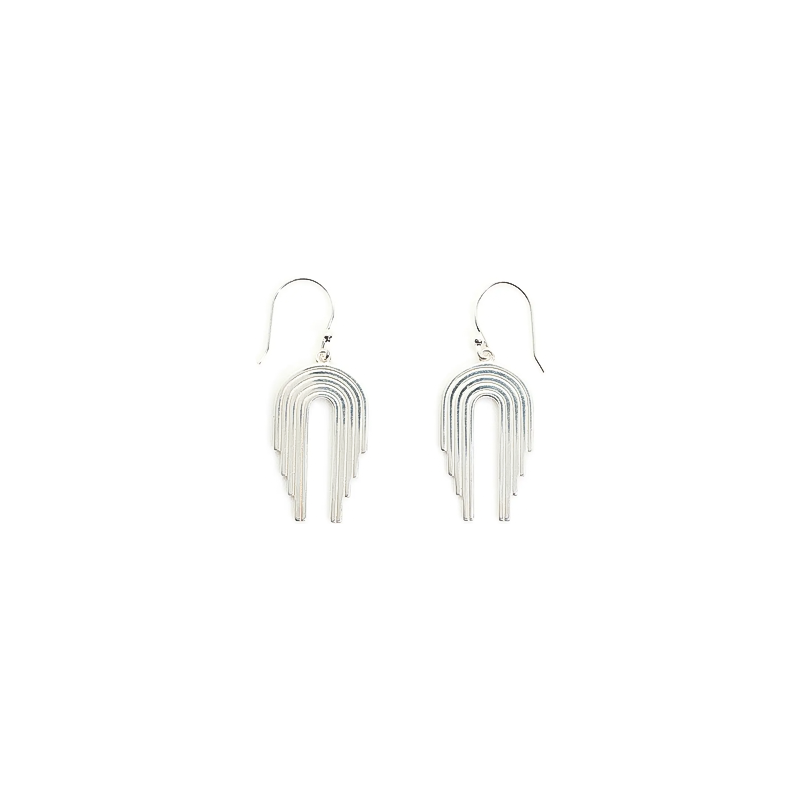 Silver earrings with a curved, waterfall-inspired design in sterling silver.