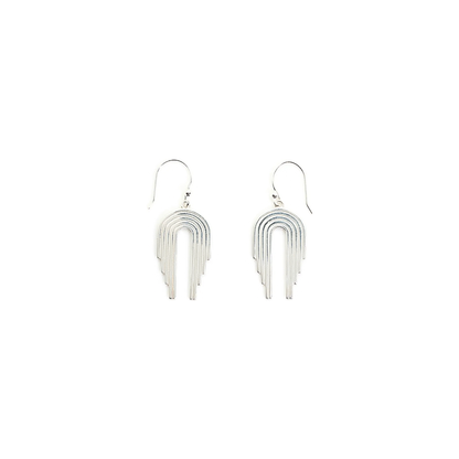Silver earrings with a curved, waterfall-inspired design in sterling silver.