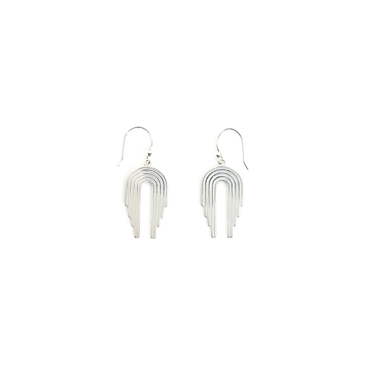 Silver earrings with a curved, waterfall-inspired design in sterling silver.