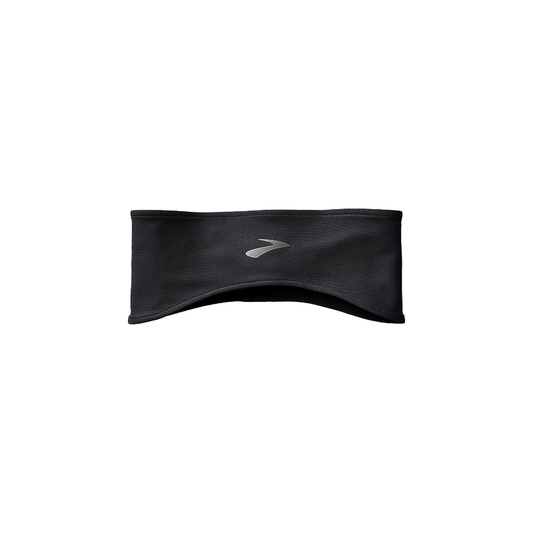 Black headband with a the Brooks logo designed for warmth during cold-weather activities.