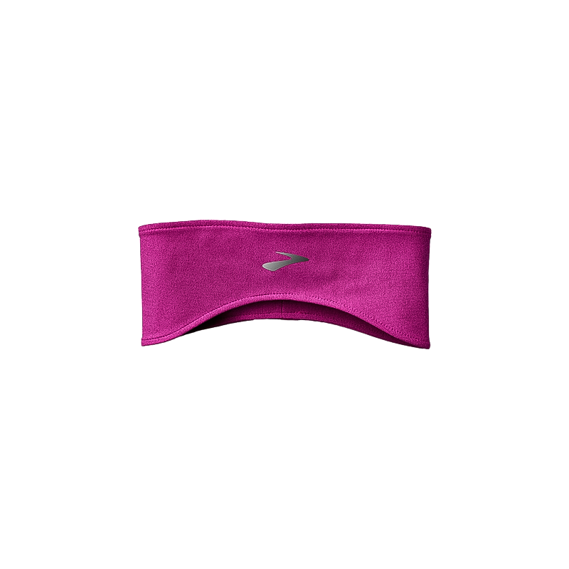 Fuchsia pink Brooks Luxe Thermal Headband with logo, designed for warmth and moisture-wicking in cold weather.