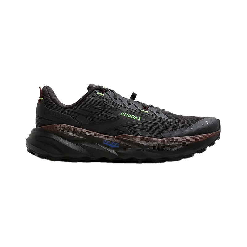 Hoka One One trail running shoe in black, maroon, and green, designed for comfort and stability on rugged terrain.