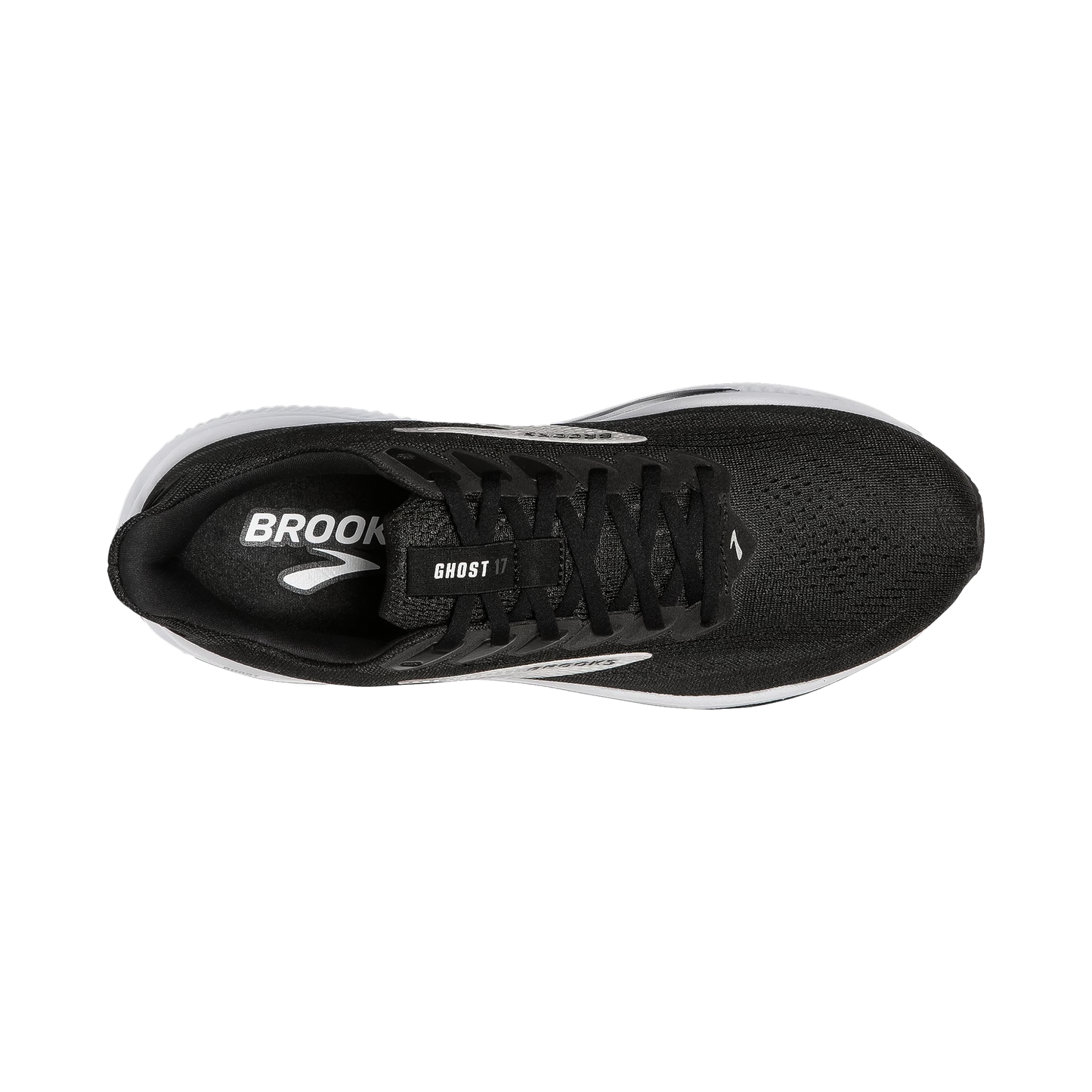 Brooks Ghost 17 running shoe in black and white, showcasing its sleek design and eco-friendly materials for road running.
