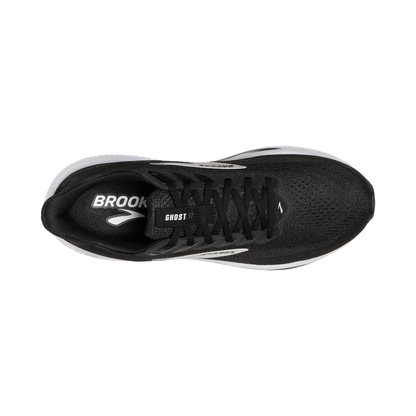 Brooks Ghost 17 running shoe in black and white, showcasing its sleek design and eco-friendly materials for road running.