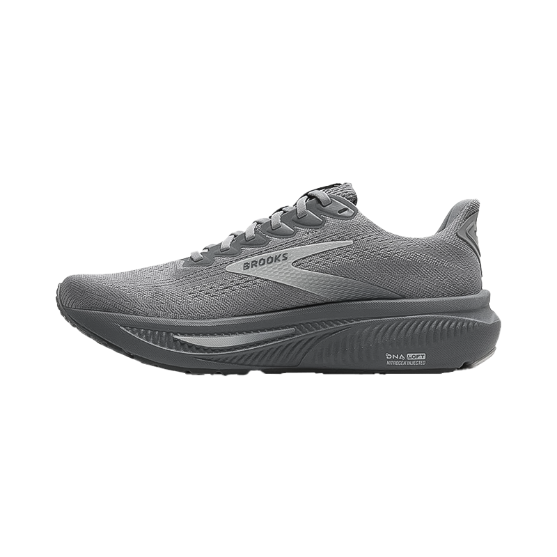 Gray Men's Brooks Ghost 17 running shoe for comfort and support, featuring eco-friendly materials and enhanced cushioning.