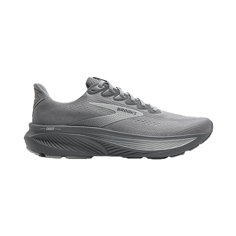 Brooks Ghost 17 running shoe in gray with superior cushioning, eco-friendly materials, and a lightweight design.