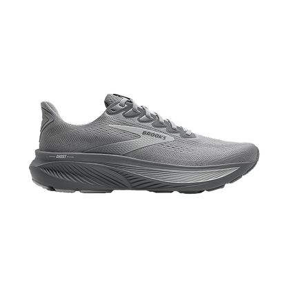 Brooks Ghost 17 running shoe in gray with superior cushioning, eco-friendly materials, and a lightweight design.