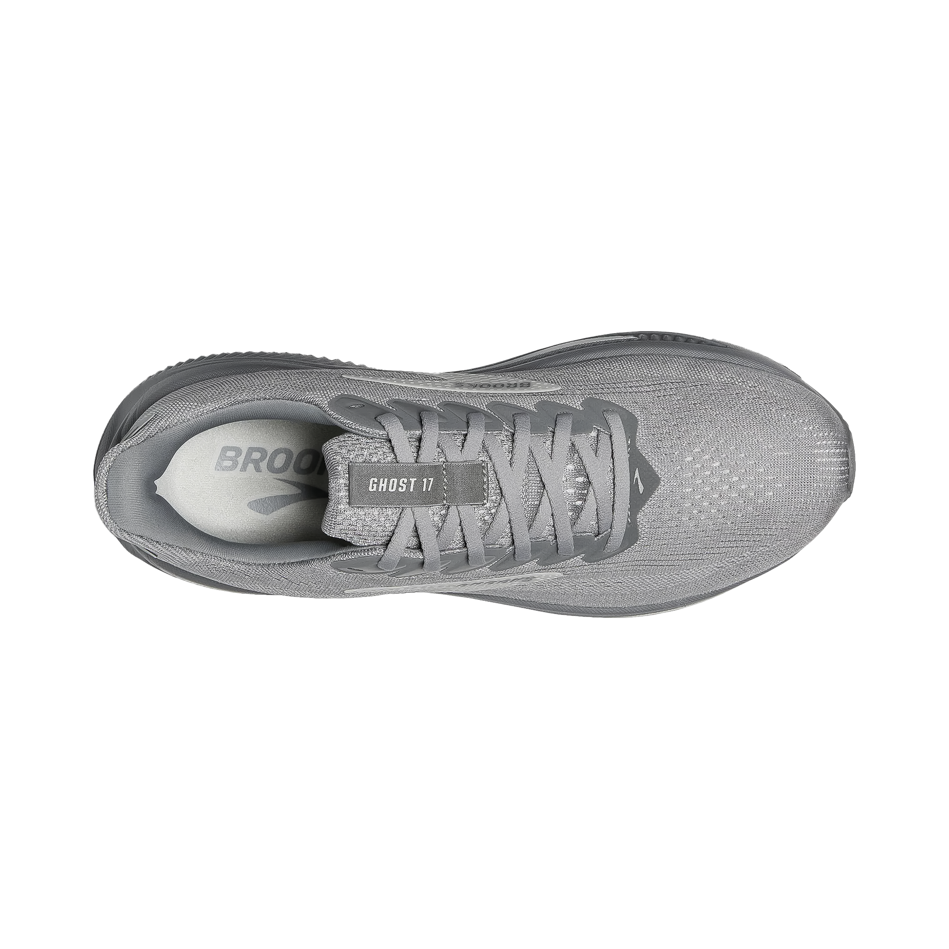 Close-up of the grey Brooks Ghost 17 running shoe, focusing on its breathable upper and dynamic cushioning technology.