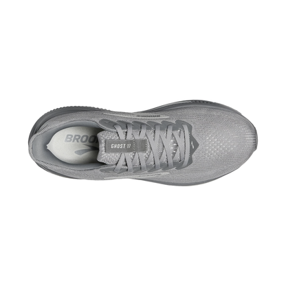 Close-up of the grey Brooks Ghost 17 running shoe, focusing on its breathable upper and dynamic cushioning technology.