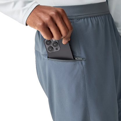 Eco-friendly Brooks Men's 7" 2-in-1 shorts in gray designed for comfort and performance in running.
