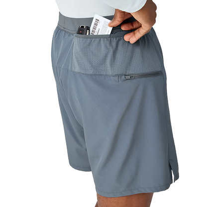 Gray lightweight Brooks 2-in-1 running shorts with sweat-wicking liner and multiple pockets.