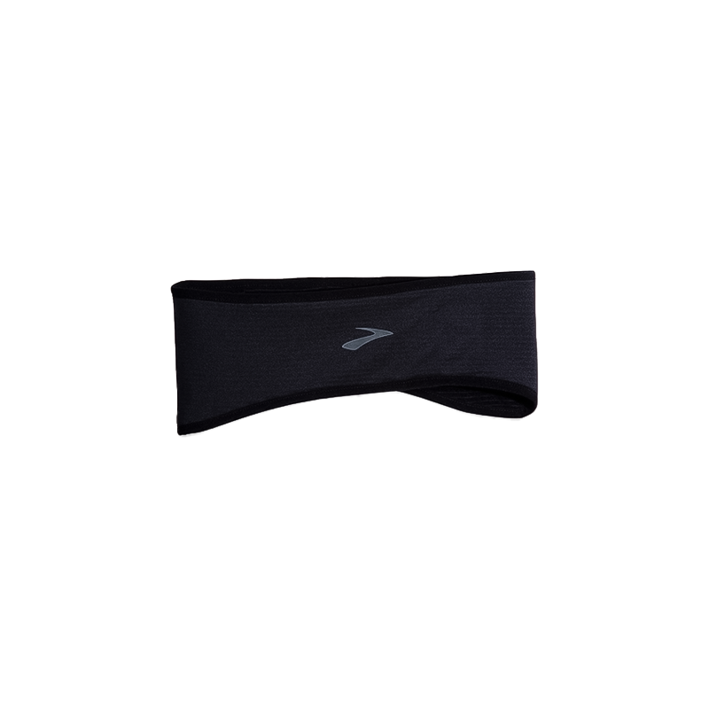 Black headband featuring a logo, designed for warmth and comfort during cold-weather runs and workouts.