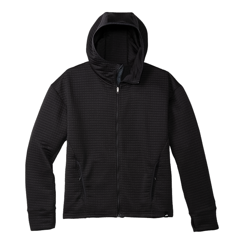 Black Brooks women's hooded jacket, great for workouts and casual wear, with zip pockets and thumb holes.