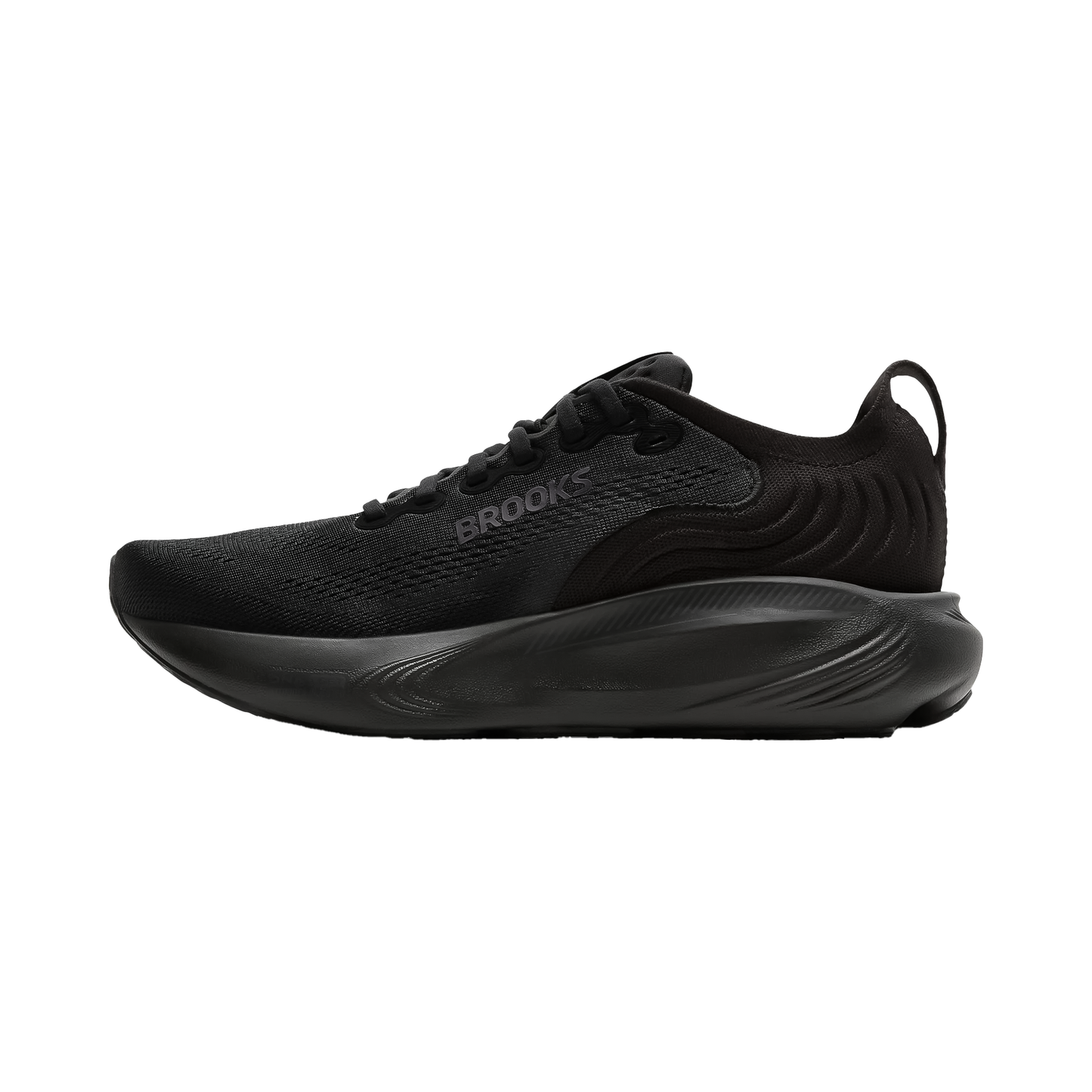 Side view of Brooks Adrenaline GTS 25 running shoes in black, featuring nitrogen-infused cushioning and a stability-focused design for overpronators.