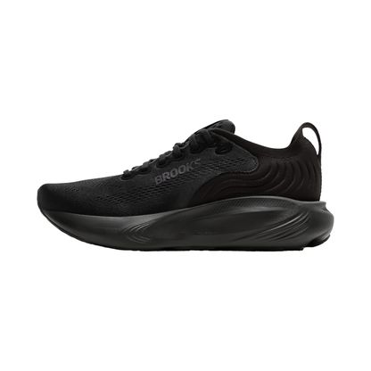 Side view of Brooks Adrenaline GTS 25 running shoes in black, featuring nitrogen-infused cushioning and a stability-focused design for overpronators.