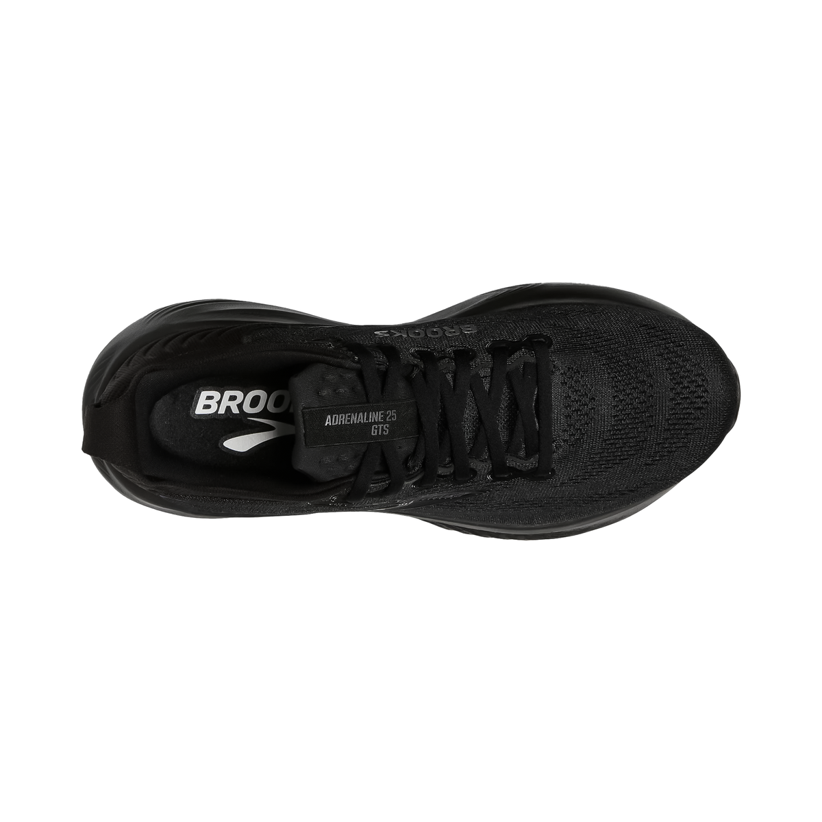 Close-up of black Brooks Adrenaline GTS 25 shoes, highlighting the breathable mesh upper and GuideRails™ support system for stability.