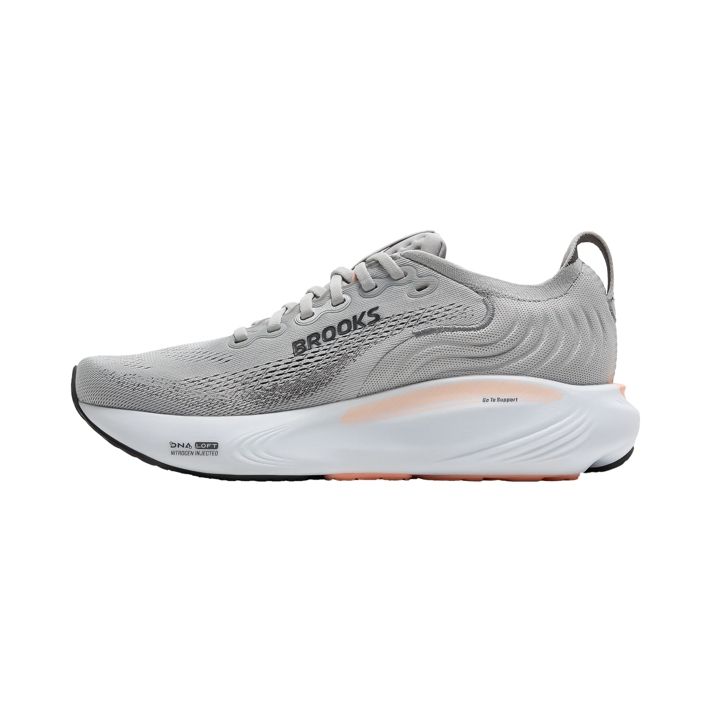 Side view of grey Brooks Women's Adrenaline GTS 25 running shoe, emphasizing its stability features and nitrogen-infused cushioning.