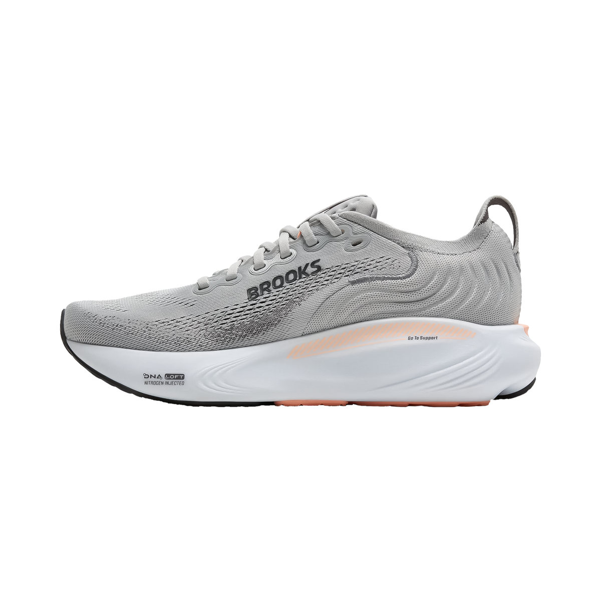 Side view of grey Brooks Women's Adrenaline GTS 25 running shoe, emphasizing its stability features and nitrogen-infused cushioning.