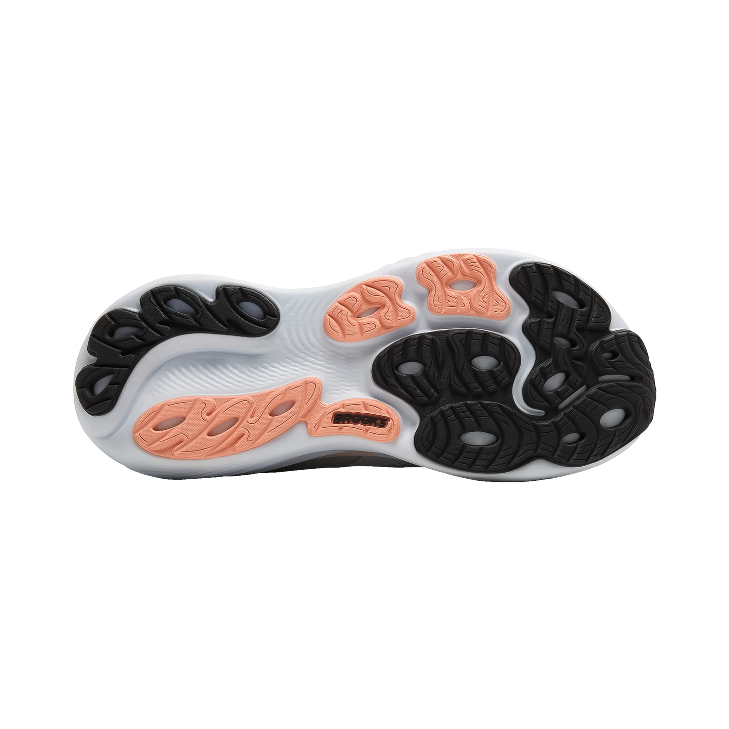 A close-up of white, black, and coral sole of a women's grey running shoe, showcasing its stability features and cushioning design for support.