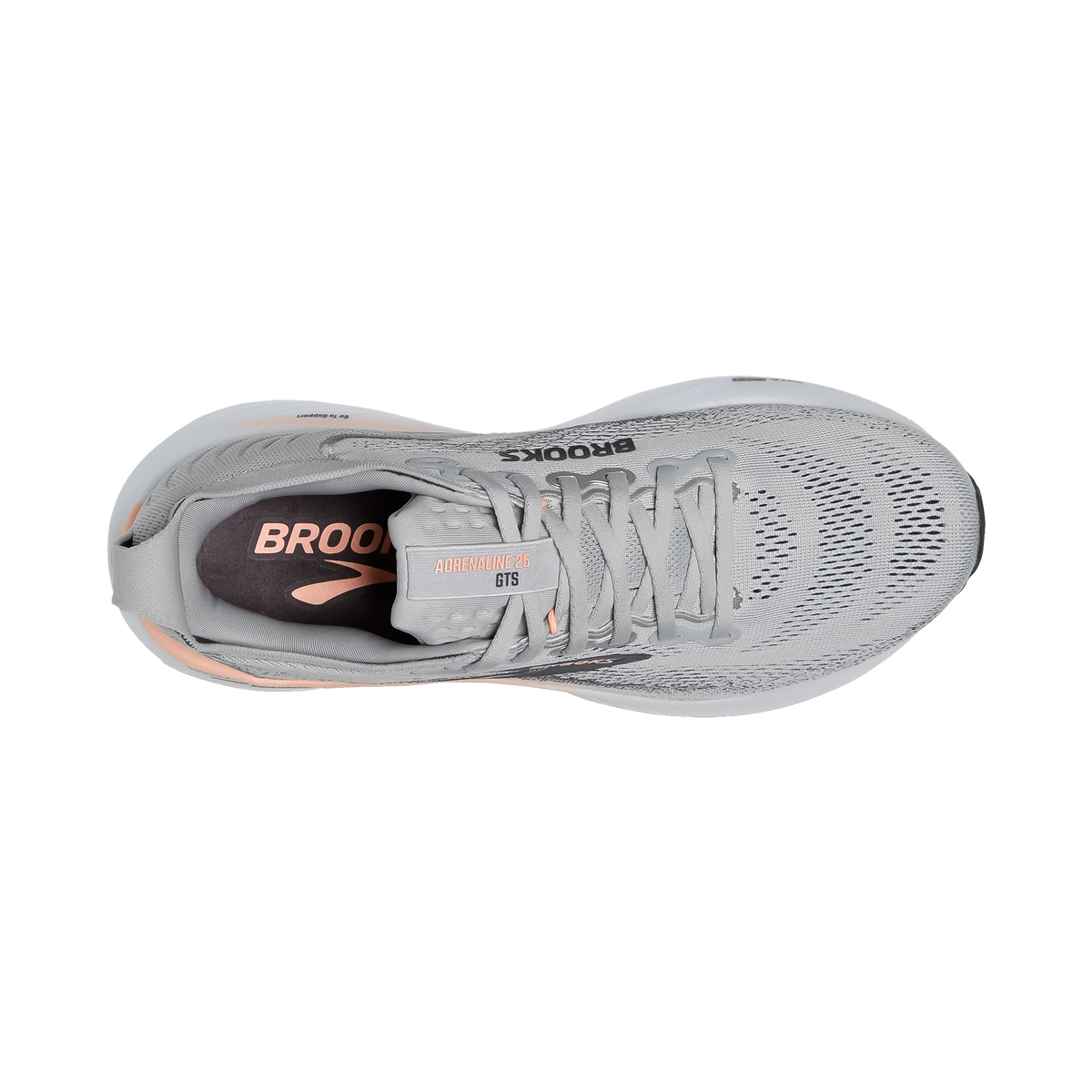 Close-up of grey Brooks Women's Adrenaline GTS 25, highlighting the engineered mesh upper and GuideRails™ support system.