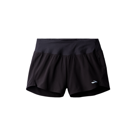 Brooks women's black running shorts with a white logo, semi-fitted design, breathable fabric, and eco-friendly materials.