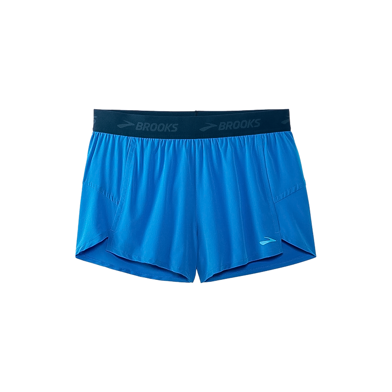 Blue women's running shorts with a black waistband and pockets, made from soft, durable fabric.