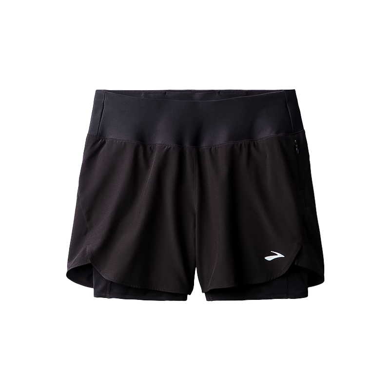 Black women's running shorts with a white logo, supportive inner liner, and multiple pockets.