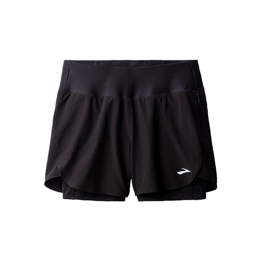 Black women's running shorts with a white logo, supportive inner liner, and multiple pockets.